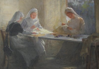 مستودع إمدادات مستشفى الحرب في كينسينغتون (ساحة كينسينغتون) ، ثلاث ممرضات يجلسن على طاولة الخياطة ، c.1916 (زيت على لوح قماش) بواسطة كاثرين أولس