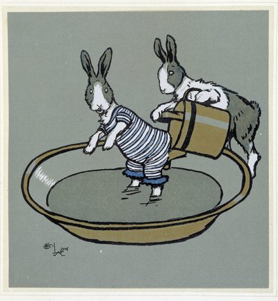 Rabbits prennant un bain - in “” Merry Party””, ill. by Cécil Aldin, ed. Hodder & Stoughton, London بواسطة سيسيل تشارلز وندسور الدين