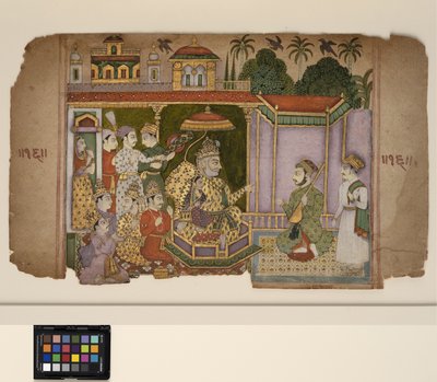 يستمع ملك ورجال الحاشية إلى موسيقي ، حوالي عام 1750 (ألوان مائية غير شفافة وذهبية على ورق) بواسطة المدرسة المركزية الهندية