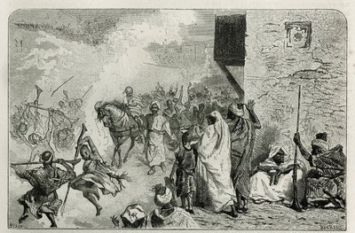 صبي يرتدي انتصارًا عند عودة حفل الختان ، وسط الحشد الذي يطلق طلقات نارية في الهواء ، بينما يصرخ ويستمتع بنفسه مرة أخرى ، نقشًا بواسطة سي بيسيو لتوضيح قصة Le Maroc لإدموندو دي أميسيس ، في بواسطة سيزار بيسو