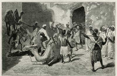 تحميل الجمال من قافلة مؤلف القصة ، Atanger ، نقش بيسيو ، لتوضيح قصة Le Maroc بواسطة Edmondo de Amicis ، في عام 1875 ، المنشورة في جولة العالم ، تحت إشراف إدوارد شارتون بواسطة سيزار بيسو