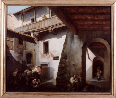 فلاحون في فناء نزل (فلاحون إيطاليون في ساحة نزل) لوحة رسمها سيزار كوجيتي (نشط بين 1859 و 1881) 1863 خافت 70 × 85 سم جينات ، جاليريا دارت موديرنا ، رقم الجرد 317 بواسطة سيزار كوجيتي
