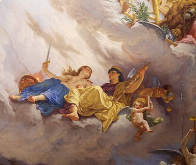 التفاصيل من رمزية إيطاليا ، لوحة جدارية بواسطة سيزار مارياني (1826-1901) ، السقف ، قاعة الأغلبية ، قصر ديلي فينانزي (قصر المالية) ، روما. إيطاليا بواسطة سيزار مارياني