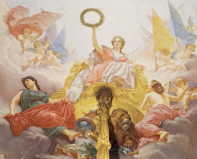 التفاصيل من رمزية إيطاليا ، لوحة جدارية بواسطة سيزار مارياني (1826-1901) ، السقف ، قاعة الأغلبية ، قصر ديلي فينانزي (قصر المالية) ، روما. إيطاليا بواسطة سيزار مارياني