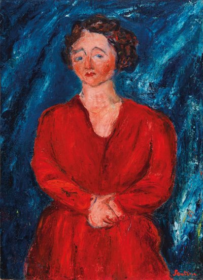 المرأة ذات الرداء الأحمر على خلفية زرقاء ، حوالي عام 1928. بواسطة حاييم سوتين