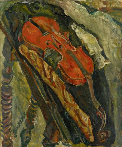 Nature morte au violon، pain et poisson لا تزال الحياة مع الكمان والخبز والأسماك ، ج. 1922. بواسطة حاييم سوتين