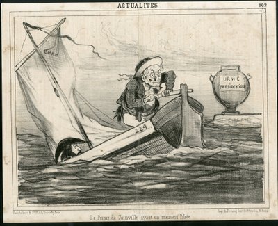 Illustration of Cham (1819-1879) in Le Charivari, circa 1850 - The Prince of Joinville having a bad pilot - Elections, President of the Republic, Maritime Marine Nautique Balneaire - Thiers Adolphe, Francois d