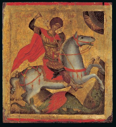 أيقونة القديس جورج على ظهور الخيل ، قتل التنين (درجة حرارة البيض على الخشب) بواسطة Chanter Angelos Akotandos