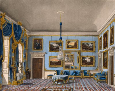 القاعة الزرقاء المخملية ، نقش دانيال هافيل (1785-1826) ، بناءً على تصميم تشارلز وايلد (1781-1835) ، من تاريخ المساكن الملكية بواسطة تشارلز (بعد) وايلد