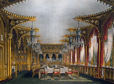 غرفة طعام قوطية ، نقش لتوماس ساذرلاند (1785-1838) ، بناءً على تصميم تشارلز وايلد (1781-1835) ، من تاريخ المساكن الملكية بواسطة تشارلز (بعد) وايلد