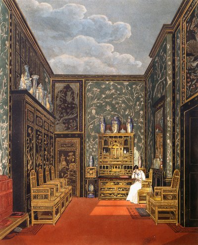 غرفة سحب خضراء ، نقش بقلم ويليام جيمس بينيت (1787-1844) ، بناءً على تصميم تشارلز وايلد (1781-1835) ، من تاريخ المساكن الملكية بواسطة تشارلز (بعد) وايلد