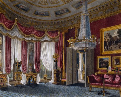 غرفة رسم من الساتان الوردي ، نقش لريتشارد ريف (مواليد 1780) ، بناءً على تصميم تشارلز وايلد (1781-1835) ، من تاريخ المساكن الملكية بواسطة تشارلز (بعد) وايلد