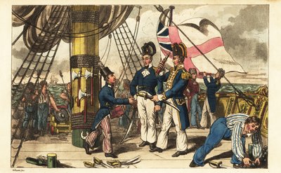 يجعل الكابتن سبرينغ Midshipman Newcome مساعده في المعسكر ويمنحه سيفه على ربع سطح السفينة HMS Victory بواسطة تشارلز (1797-1850) (بعد) ويليامز