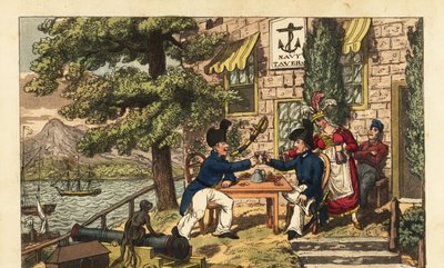Midshipman Newcome و Master’s Mate Spunyarn يشربان حزامًا أسود أو نبيذ ملقة في Navy Tavern ، في قمة Scud Hill ، جبل طارق بواسطة تشارلز (1797-1850) (بعد) ويليامز