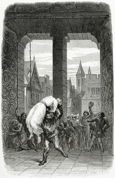 Quasimodo ينقذ Esmeralda من الإعدام - صورة توضيحية من Notre Dame de Paris ، القرن التاسع عشر (النقش بالأبيض والأسود) بواسطة تشارلز الكسندر ليسويور
