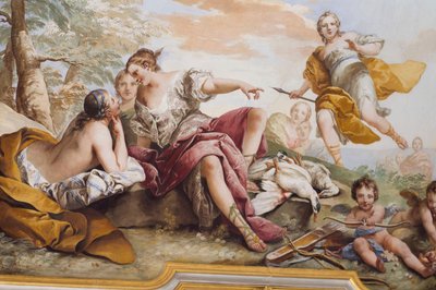 بقية ديانا بين الحوريات ، بواسطة تشارلز أندريه فان لو (1705-1765) ، لوحة جدارية ، سقف مقبب لغرفة النوم ، شقة كوينز ، ستوبينيجي ، بيدمونت ، إيطاليا بواسطة تشارلز أندريه فان لو