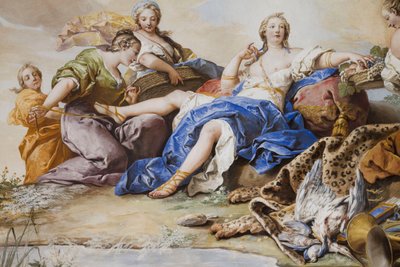 بقية ديانا بين الحوريات، بريشة تشارلز أندريه فان لو (1705-1765)، لوحة جدارية، سقف مقبب لغرفة النوم، شقة الملكة، مسكن الصيد، بريشة فيليبو جوفارا (1678-1736).) ، ستوبينيجي، بيدمونت، إيطاليا بواسطة تشارلز أندريه فان لو