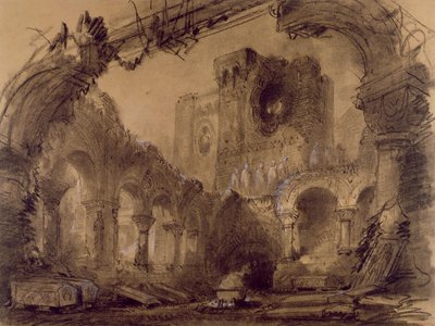 أطلال ، تصميم مناظر طبيعية لأداء "Macbeth" من قبل جوزيبي فيردي (1813-1901) في مسرح Lyrique ، Chatelet ، باريس ، 1865 (فحم وطباشير أبيض على ورق) بواسطة تشارلز أنطوان كامبون