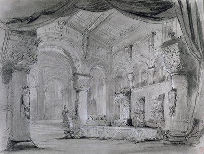 تعيين تصميم القصر الداخلي لأداء أوبرا "Macbeth" من قبل جوزيبي فيردي (1813-1901) في مسرح Lyrique ، Chatelet ، 1865 (فحم أبيض وأبيض طباشير على ورق) بواسطة تشارلز أنطوان كامبون