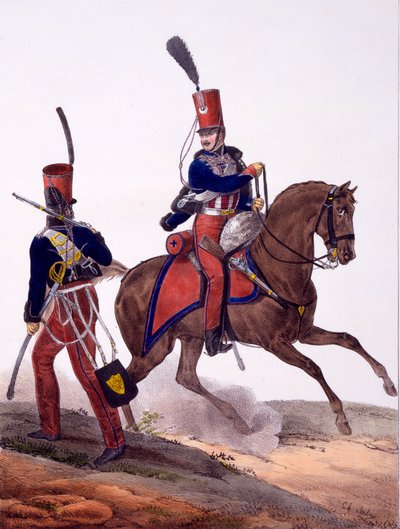 زي فوج الفرسان الخامس ، من "مجموعة يونيفورم دي لارمي فرانسيس" ، نُشر عام 1823 (ليثو ملون يدويًا) بواسطة تشارلز أوبري