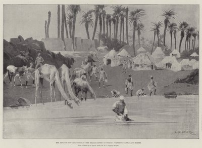 التقدم نحو دنقلا ، المقر الرئيسي في Ferket ، سقي الجمال والخيول بواسطة Charles Auguste Loye