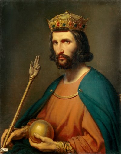 صورة لكابتن هيوج (941-996) ملك فرنسا عام 987 وهو يحمل بيده كرة صولجان ورموز للسلطة. رسم تشارلز دي ستوبين (1788-1856) القرن التاسع عشر. 0،91 × 0،74 م. - بورتريه هوغ كابتن (941-996) ملك فرنسا عام 987. هو هول بواسطة تشارلز أوغست ستوبين