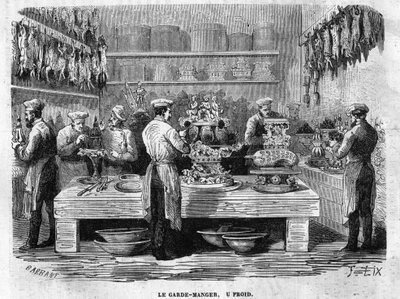 الحرس البارد لمطابخ قصر التويلري في عام 1864 أثناء حفل استقبال في عهد الإمبراطورية الثانية. النقش المحترق بواسطة تشارلز باربانت