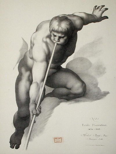 الملاك يلعب على البوق ، اللوحة 1 من Cours de Dessin Volume II: 'Models d'apres les Maitres' ، حوالي 1870 (litho) بواسطة تشارلز بارج