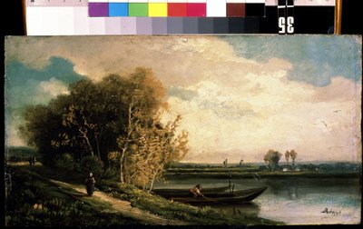"La berge" (الساحل) منظر طبيعي على ضفاف النهر مع صياد وامرأة فلاحة. لوحة تشارلز بارتيليمي جان دوروبت (1804-1838) متحف ميخائيل كروشيتسكي للفنون في القرن التاسع عشر ، سيفاستوبول (سيفاستوبول) أوكرانيا بواسطة تشارلز بارتيليمي دوروبت