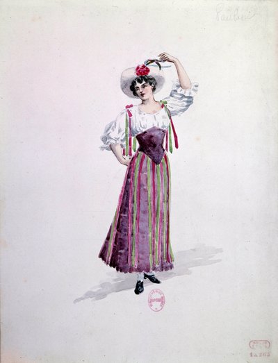 زي شابة (Nedda أو Colombine؟) لأوبرا "Paillasse" (de pagliacci ، المهرجون) لـ Ruggero Leoncavallo (1857-1919) من عام 1892. لوحة مائية من تأليف Charles Bianchini (1860-1905) بواسطة تشارلز بيانتشيني