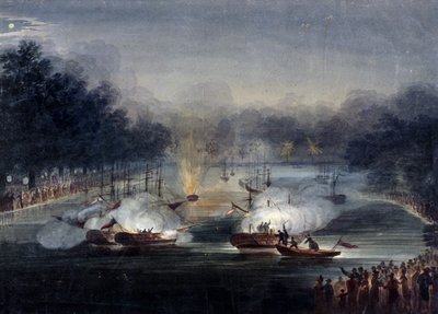 منظر لمعركة زائفة على سربنتين ، هايد بارك ، لندن ، 1814 بواسطة تشارلز كالفيرت
