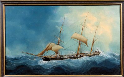 مركب شراعي بثلاثة حواف في رحلة رسم بواسطة Charles Cheri Dubreuil (Cheri-Dubreuil) (1828-1880) 1865 - Fecamp. Musee Des Terre Neuvas - سفينة ذات ثلاثة صواري تهرب. لوحة تشارلز دوبرويل (القرن التاسع عشر) بواسطة تشارلز شيري دوبرويل