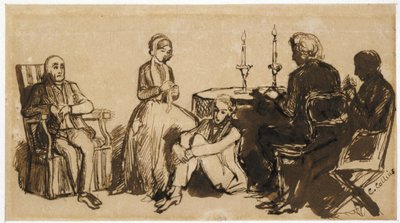 أمسية في بيت كومبس ، 1850-51 (قلم وحبر بني على ورق بني شاحب) بواسطة تشارلز كولينز