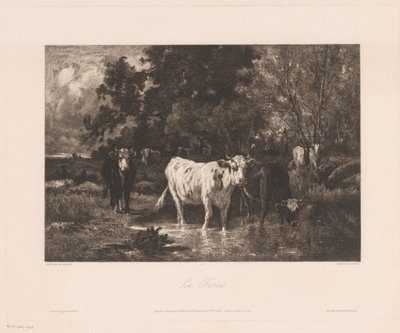 منظر طبيعي مع أبقار على حافة غابة لا فوريت (العنوان على الكائن) بواسطة Emile van Marcke de Lummen