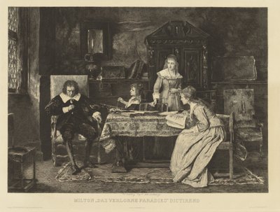 يجلس على كرسي ، يملي ميلتون جنته التي فقدها لإحدى بناته. في دن r.o.h Munkacsy عام 1878. في الهامش: الفصل. Courty d