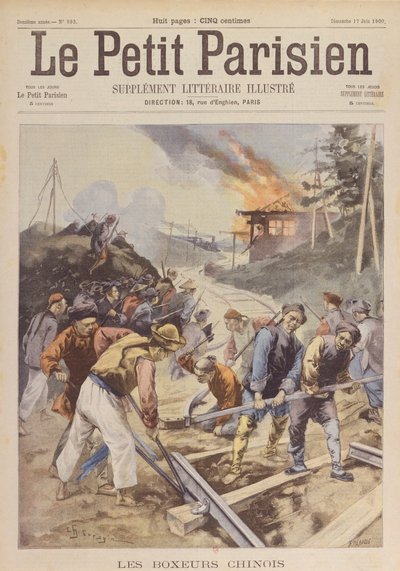 تمرد الملاكمين (1900-01)، الملاكمون يخربون السكك الحديدية، يونيو 1900 (طباعة) بواسطة تشارلز كريسبين