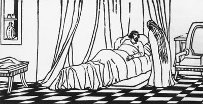 Melisande paying visit to Golaud, who is lying in bed after falling from his horse, woodcut by Charles Doudelet (1861-1938) for Pelleas and Melisande by Maurice Maeterlinck (1862-1949), published by Claudio Argentieri, Spoleto, Italy بواسطة تشارلز دوديليت