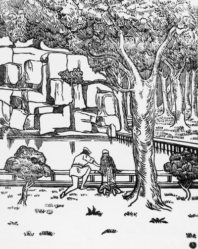 People looking at source, woodcut by Charles Doudelet (1861-1938) for Pelleas and Melisande by Maurice Maeterlinck (1862-1949), published by Claudio Argentieri, Spoleto, Italy بواسطة تشارلز دوديليت
