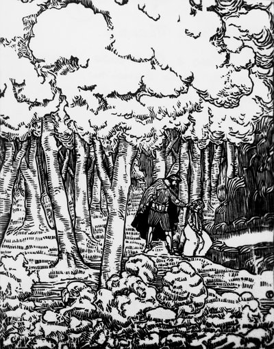 Woodcut by Charles Doudelet (1861-1938) for Pelleas and Melisande by Maurice Maeterlinck (1862-1949), published by Claudio Argentieri, Spoleto, Italy بواسطة تشارلز دوديليت
