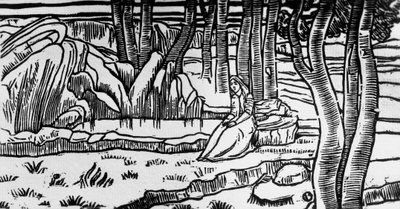 Woodcut by Charles Doudelet (1861-1938) for Pelleas and Melisande by Maurice Maeterlinck (1862-1949), published by Claudio Argentieri, Spoleto, Italy بواسطة تشارلز دوديليت