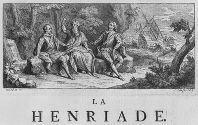 رسم توضيحي على الوجه الأمامي لـ "لا هنرياد" بقلم فولتير (1694-1778) 1728 بواسطة تشارلز دوبوي