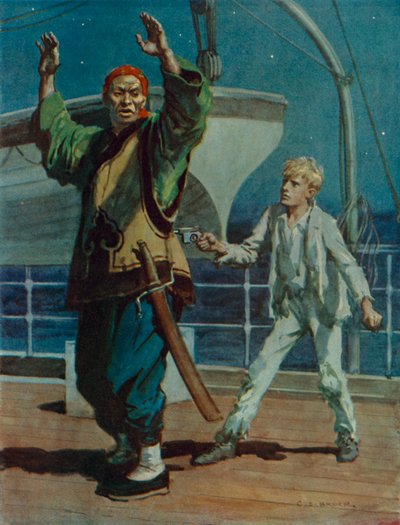 صبي يحمل قرصانًا صينيًا تحت تهديد السلاح ، مشهد من Hai Ping the Pirate (لون ليثو) بواسطة تشارلز إدموند بروك