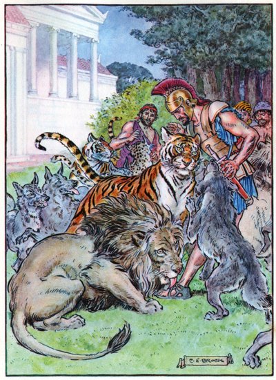 Eurylochus and the Lions ، من "ساعة الأطفال: قصص من الكلاسيكيات" ، نشرتها شركة Waverley Company بواسطة تشارلز إدموند بروك