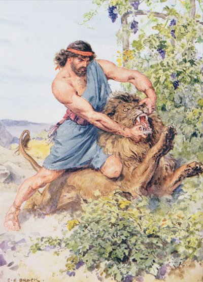 "استولى على الأسد ومزقها إلى قطع" ، رسم توضيحي من "عبر الكتاب المقدس" ، فينشر للنشر ، 1928 بواسطة تشارلز إدموند بروك