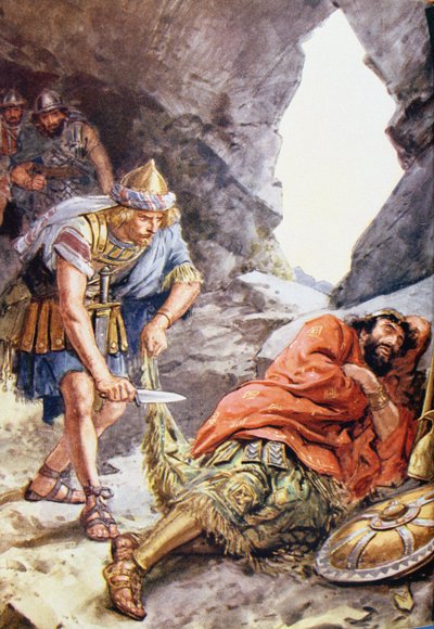 "بمجرد أن أنقذ حياة شاول عندما وجده في كهف ، نائم" رسم توضيحي من "عبر الكتاب المقدس" نشر خمر ، 1928 بواسطة تشارلز إدموند بروك