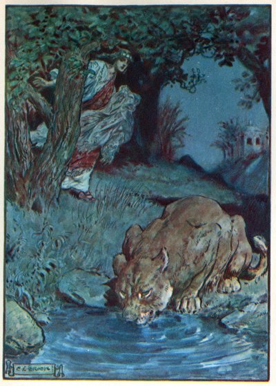 ثيسبي واللبؤة ، من "ساعة الأطفال: قصص من الكلاسيكيات" ، نشرتها شركة ويفرلي للكتاب بواسطة تشارلز إدموند بروك