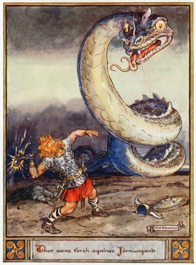 "ثور ذهب ضد Jormungand" ، التوضيح من "أبطال Asgard ، حكايات الأساطير الاسكندنافية" ، بقلم أوند إي كيري ، 1930 بواسطة تشارلز إدموند بروك