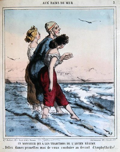 رجل تقليدي يرافق امرأتين صغيرتين للاستحمام في البحر ، حوالي 1850 - 1870 (ليثو ملون) بواسطة تشارلز إدوارد دي بومونت