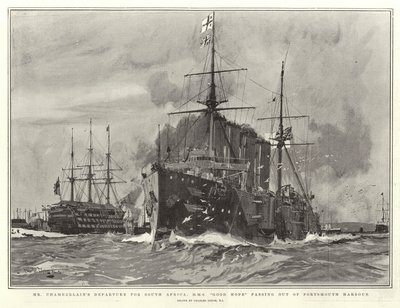 رحيل السيد تشامبرلين إلى جنوب أفريقيا ، HMS Good Hope يمر خارج ميناء بورتسموث بواسطة تشارلز إدوارد ديكسون