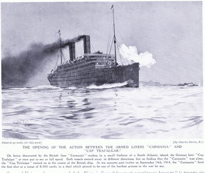 العمل الافتتاحي بين البطانات المسلحة Carmania و Cap Trafalgar ، جنوب المحيط الأطلسي ، سبتمبر 1915 بواسطة تشارلز إدوارد ديكسون